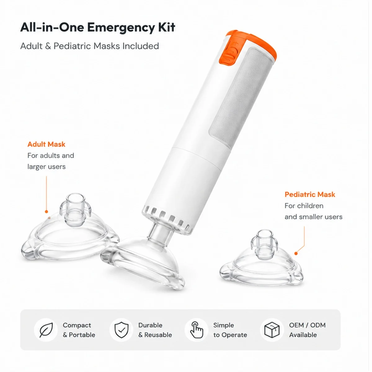All-in-one emergency kit with adult and pediatric masks included.