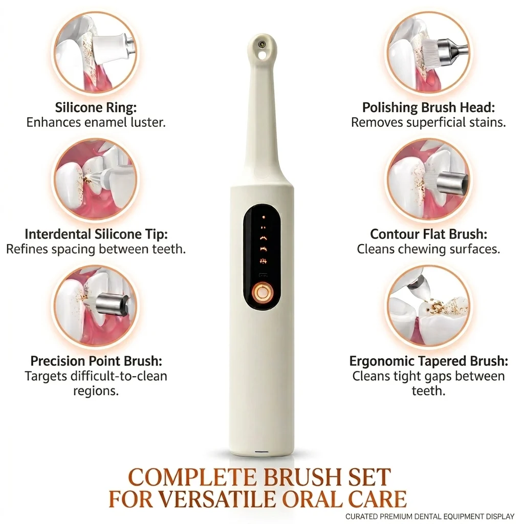 Six interchangeable attachments showing different polishing and cleaning functions.