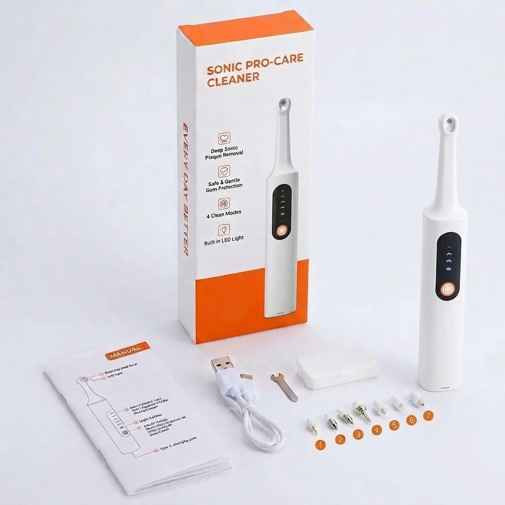 Complete Electric Tooth Polisher kit with retail packaging and included accessories.