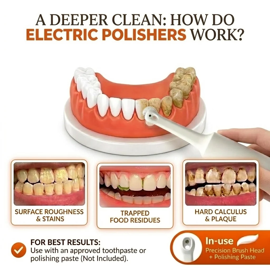 Illustration showing how the Electric Tooth Polisher supports deeper cleaning and polishing.