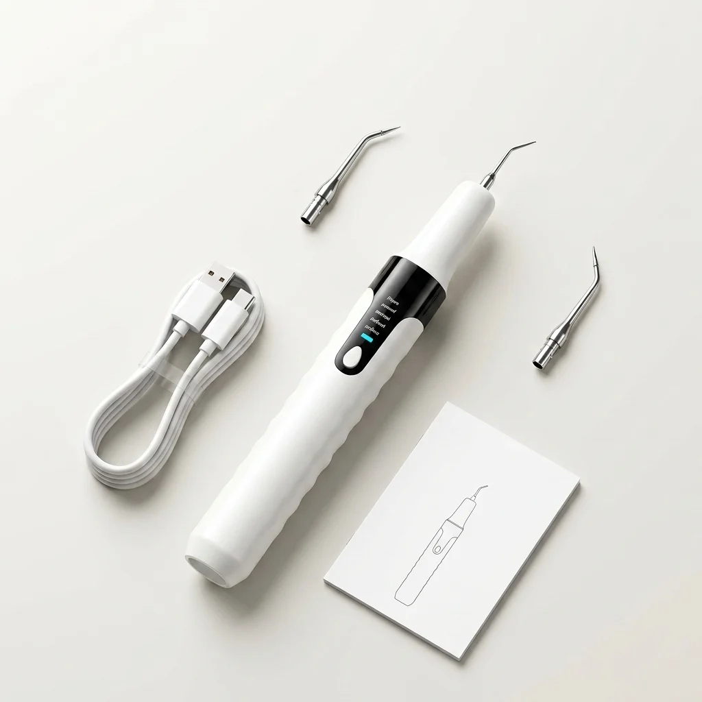 Complete product kit showing the ultrasonic dental scaler and included accessories.
